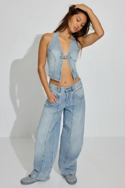 Cheap Buckled Denim Halter Top Tank Tops