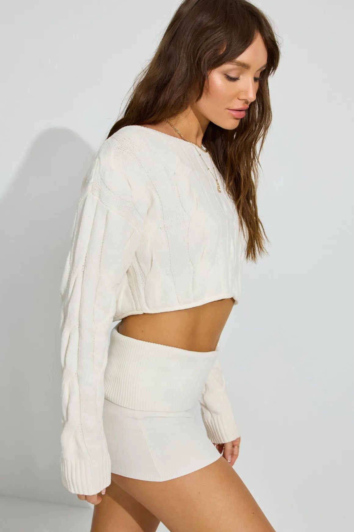 Clearance Cropped Cable Crewneck Sweater Matching Sets|Lounge & Sleep