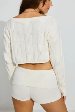 Clearance Cropped Cable Crewneck Sweater Matching Sets|Lounge & Sleep