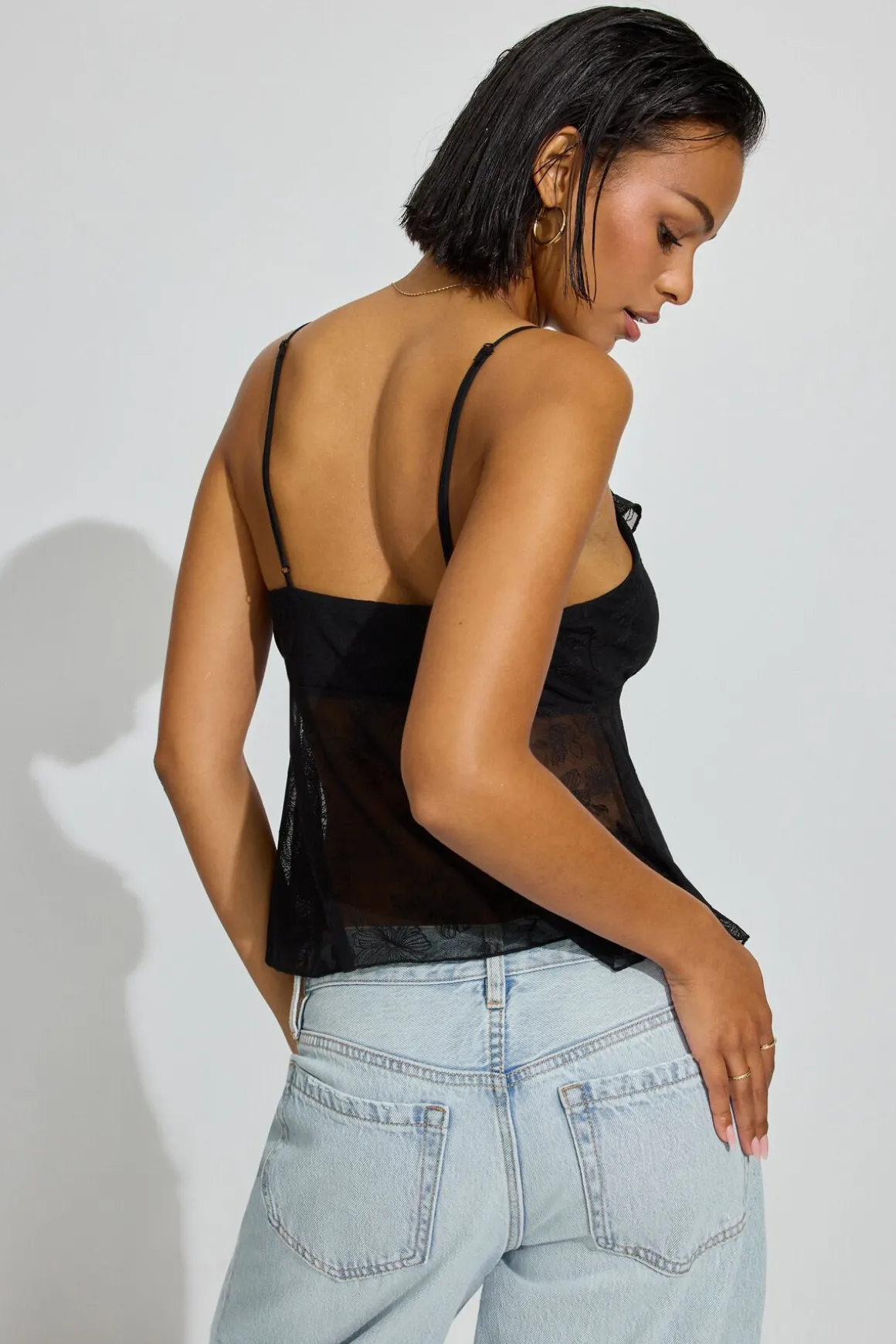 Best Sale Embroidered Mesh Flyaway Cami Top Tank Tops