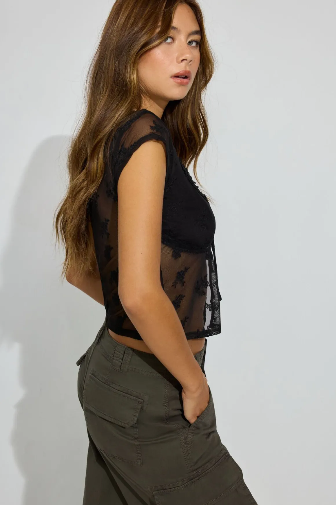 Cheap Embroidered Tie Front Top Short Sleeve Tops