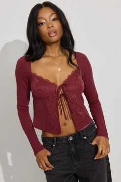 Fashion Flyaway Lace Rib Top Long Sleeve Tops