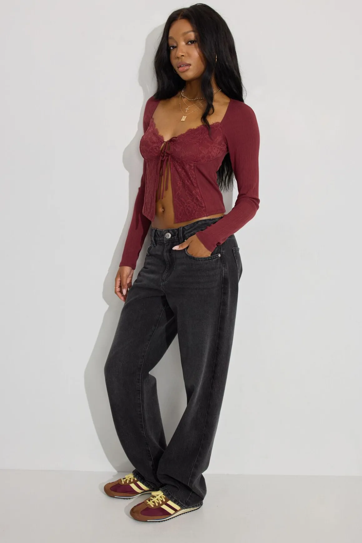Fashion Flyaway Lace Rib Top Long Sleeve Tops
