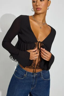 Best Sale Georgette Lace Trim Flyaway Top Long Sleeve Tops