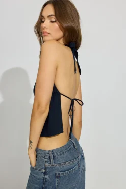 Store Linen Tie Back Halter Top Tank Tops