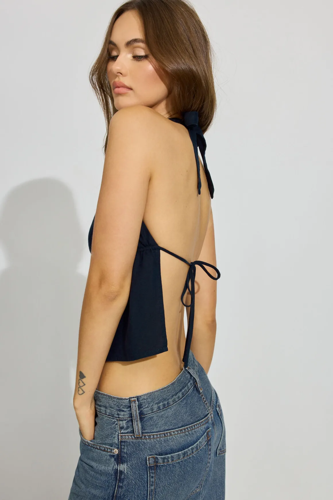 Store Linen Tie Back Halter Top Tank Tops