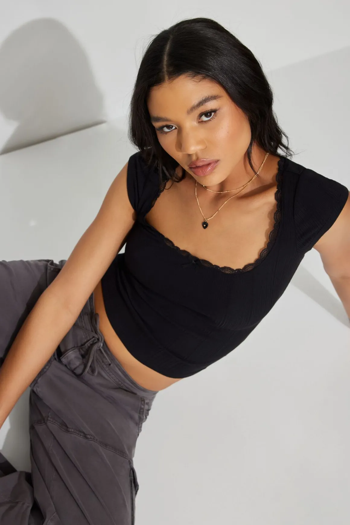 Clearance Myla Scoop Neck Lace Trim Rib Tee Short Sleeve Tops