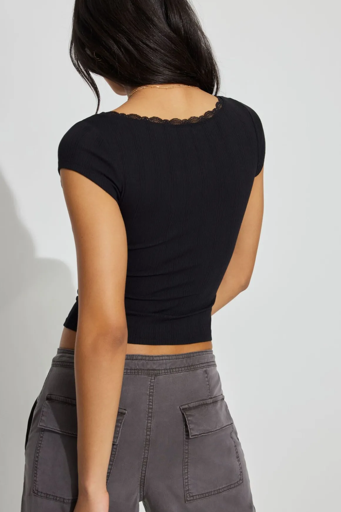 Clearance Myla Scoop Neck Lace Trim Rib Tee Short Sleeve Tops