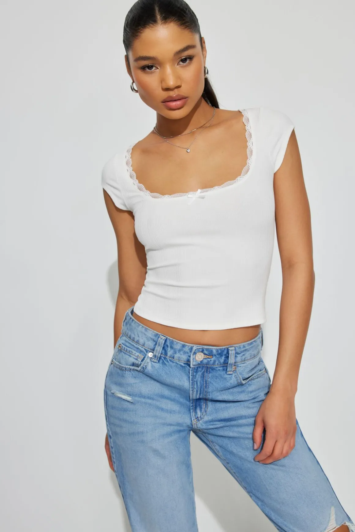 Outlet Myla Scoop Neck Lace Trim Rib Tee Short Sleeve Tops