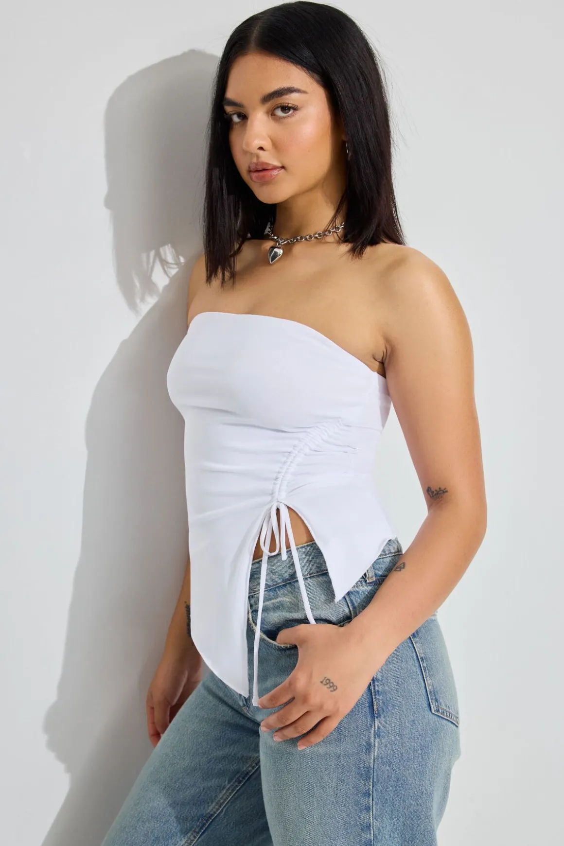 Shop Shirred Asymmetric Tube Top Tank Tops