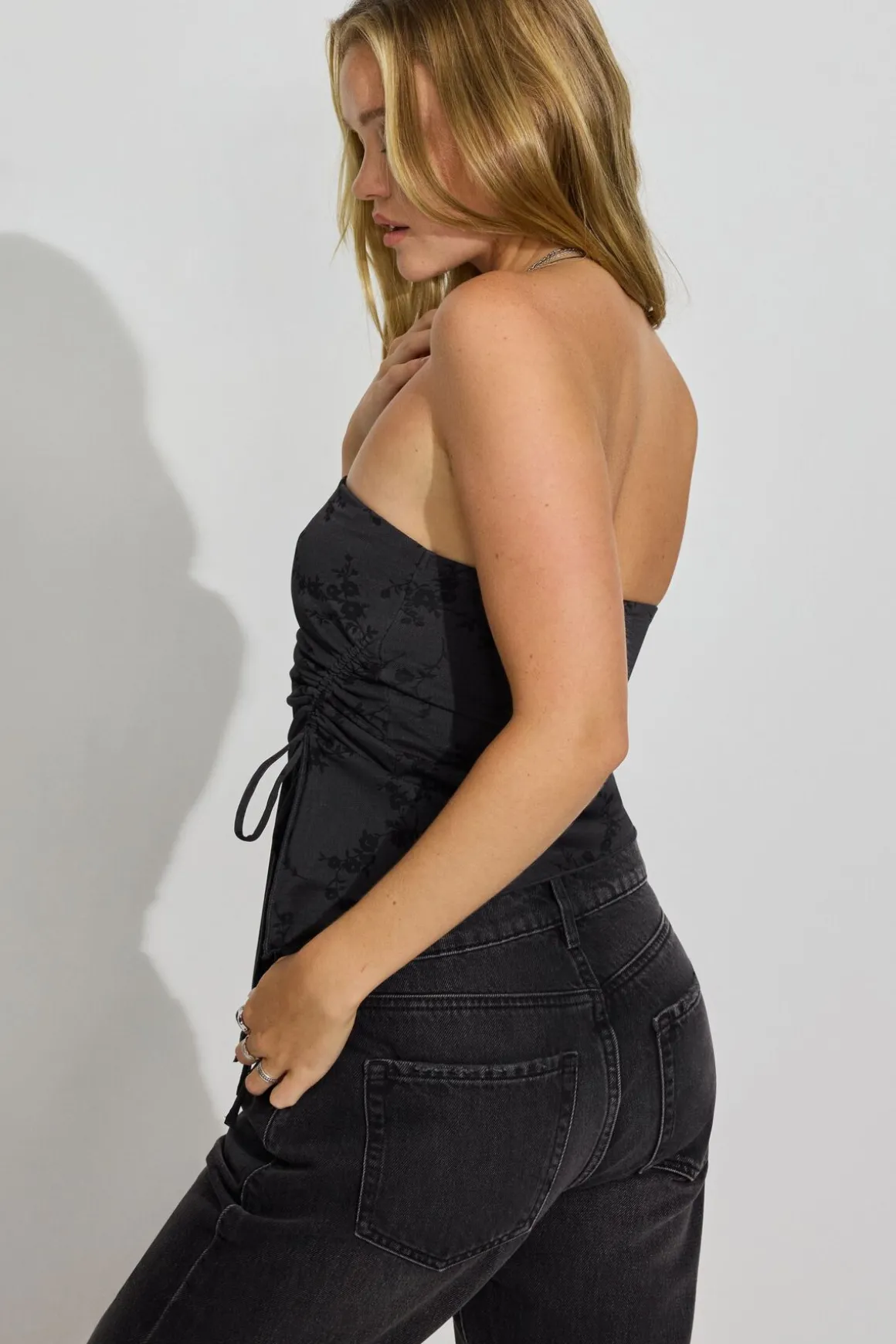 Cheap Shirred Asymmetric Tube Top Tank Tops