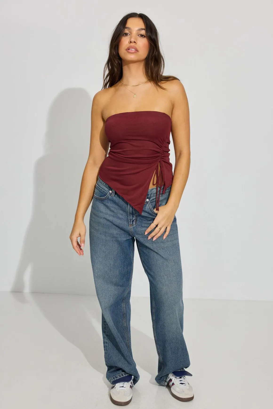 Sale Shirred Asymmetric Tube Top Tank Tops