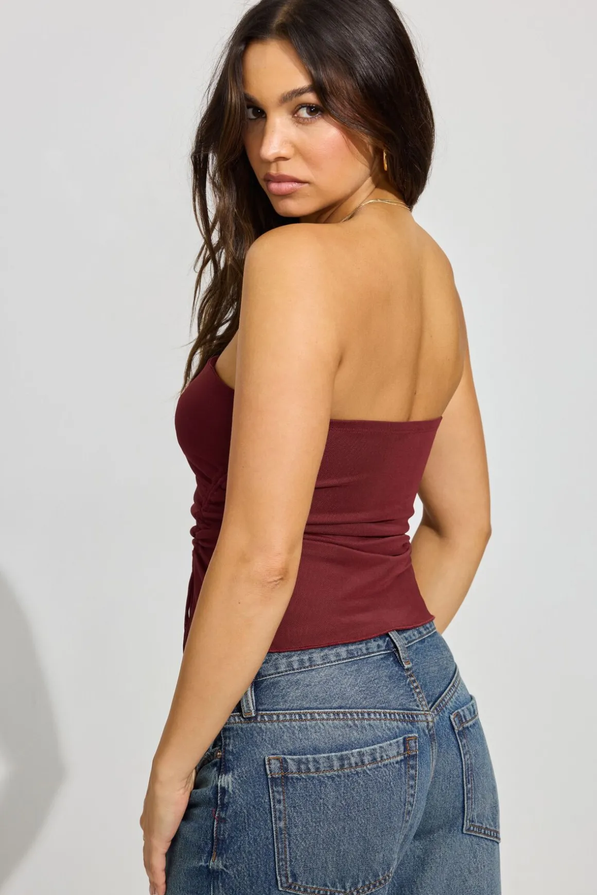 Sale Shirred Asymmetric Tube Top Tank Tops