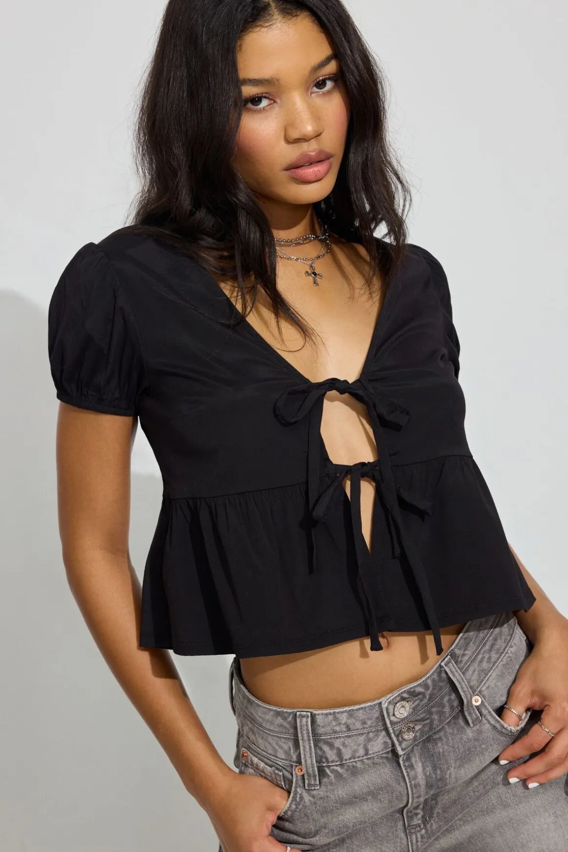 Fashion Tie Front Puff Sleeve Top Short Sleeve Tops