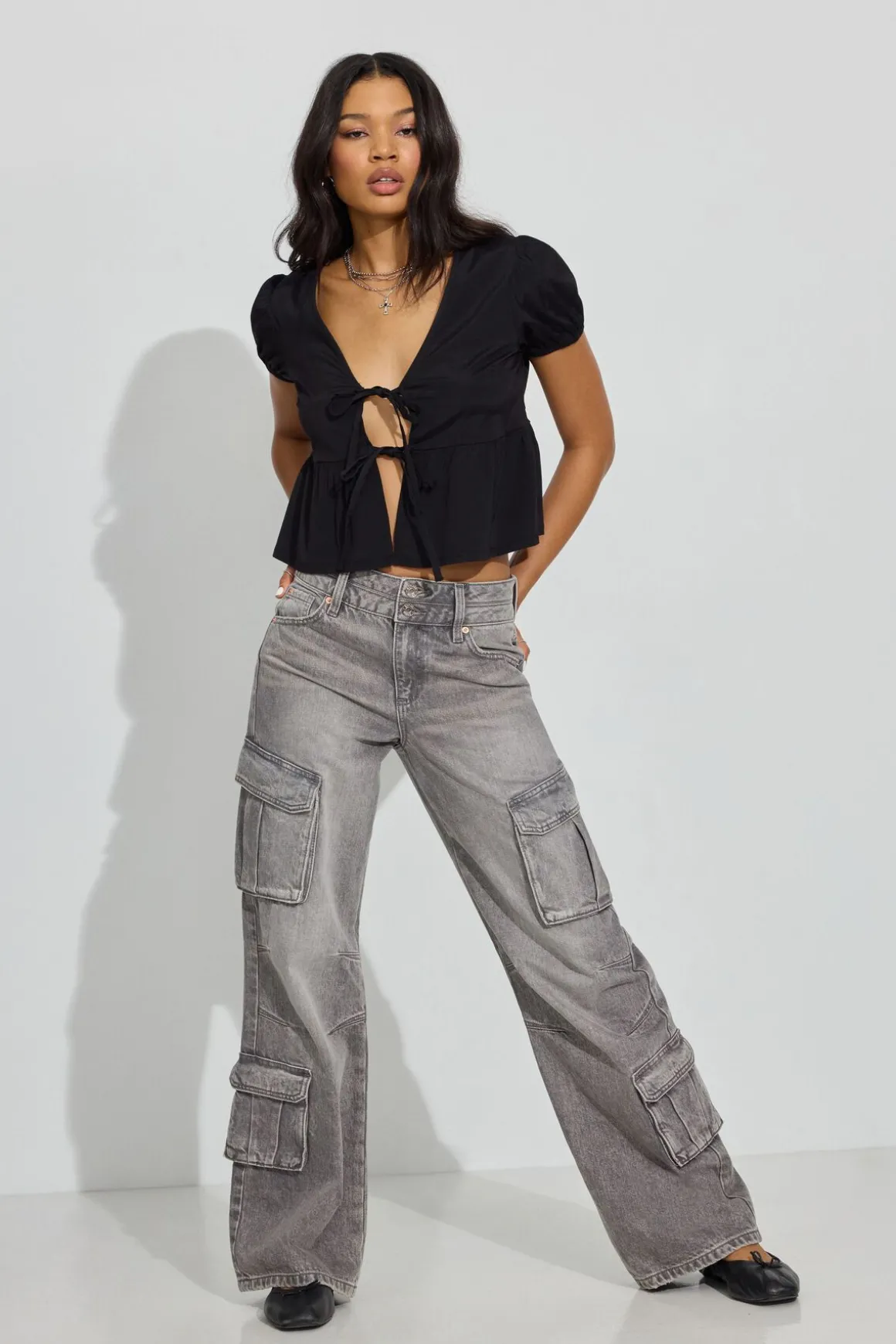 Fashion Tie Front Puff Sleeve Top Short Sleeve Tops
