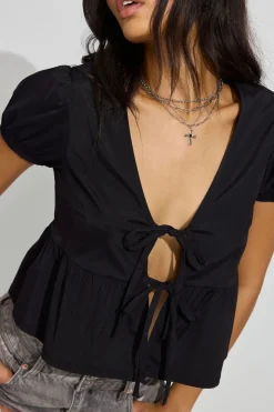 Fashion Tie Front Puff Sleeve Top Short Sleeve Tops