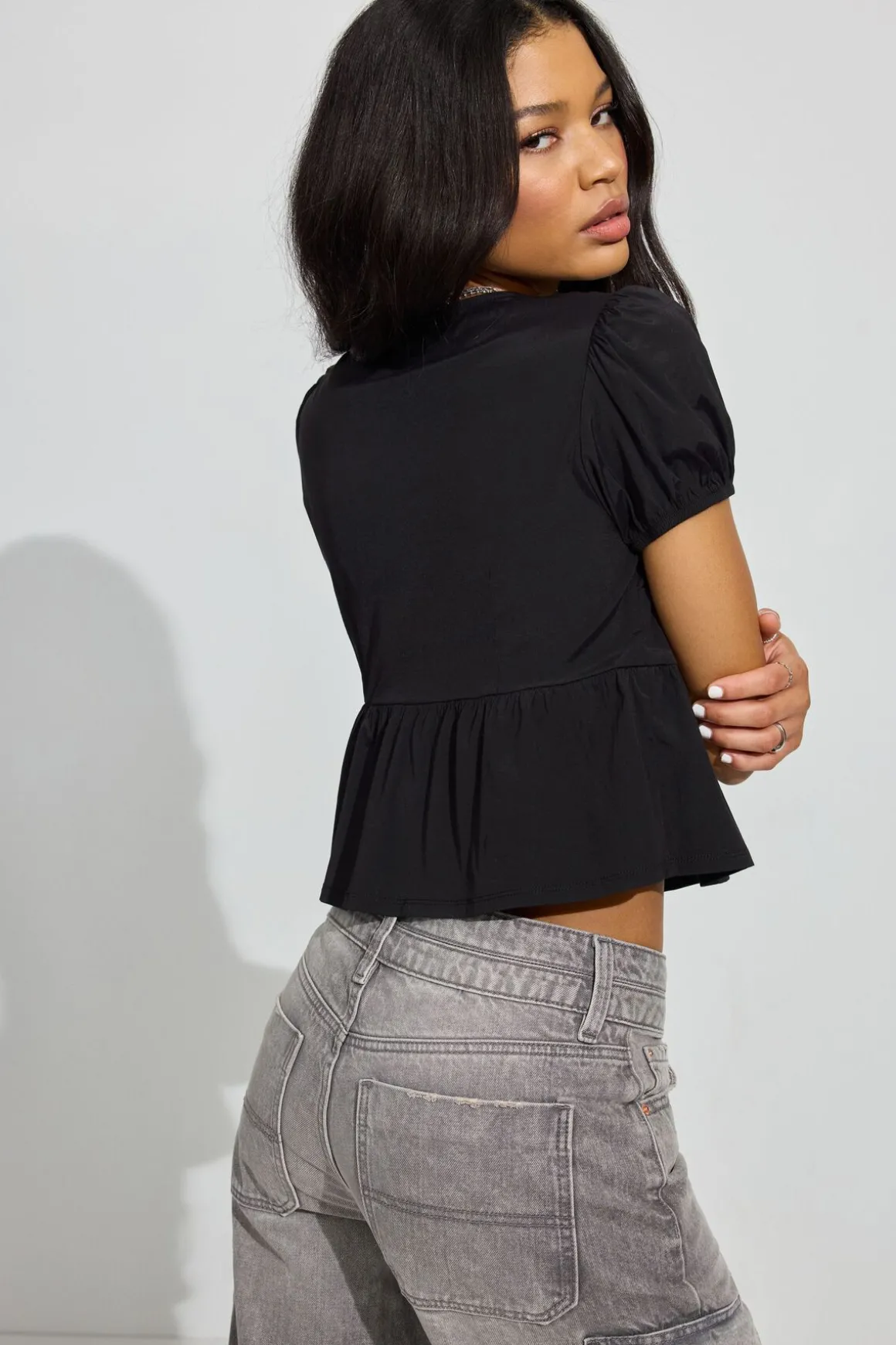 Fashion Tie Front Puff Sleeve Top Short Sleeve Tops