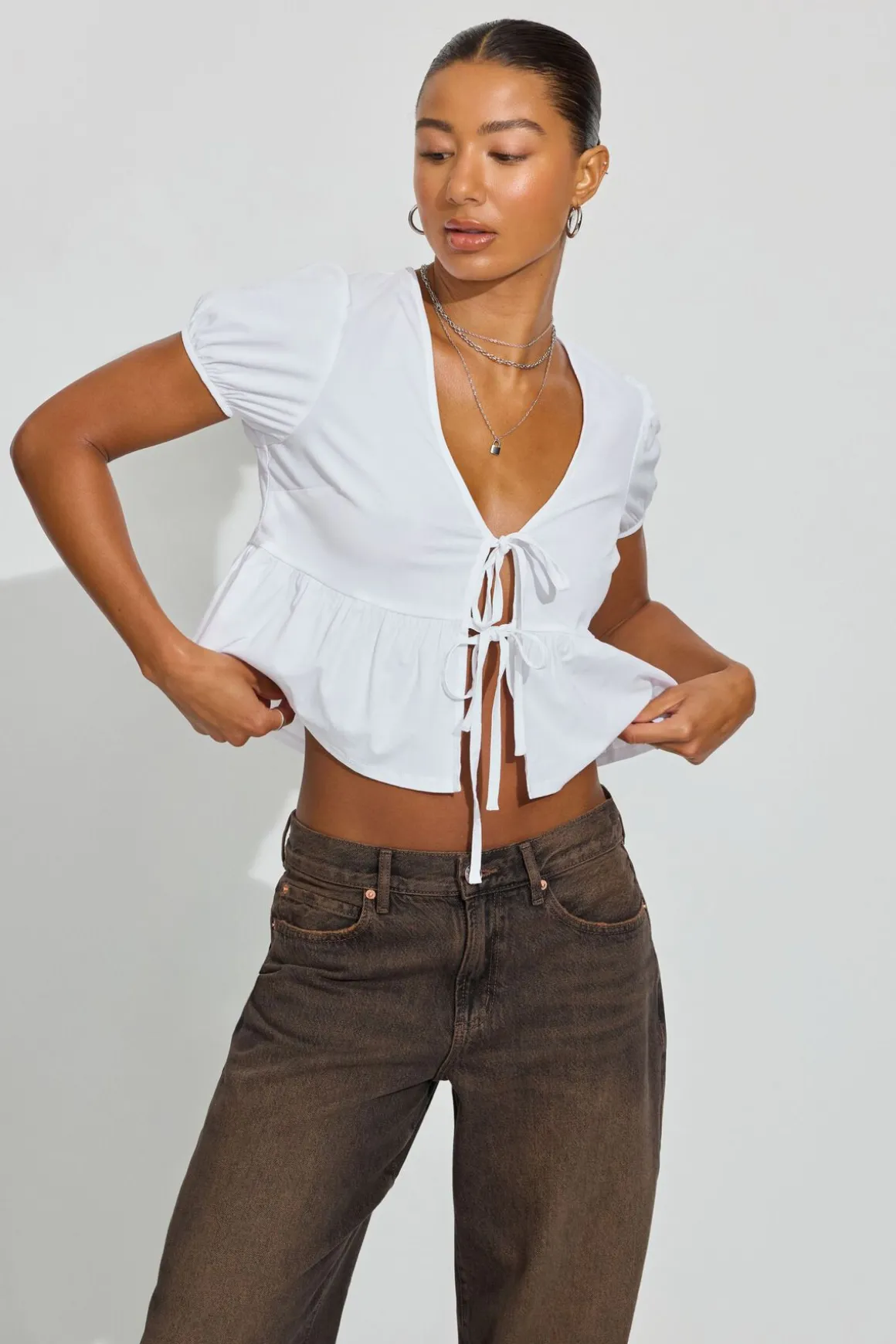 Cheap Tie Front Puff Sleeve Top Short Sleeve Tops