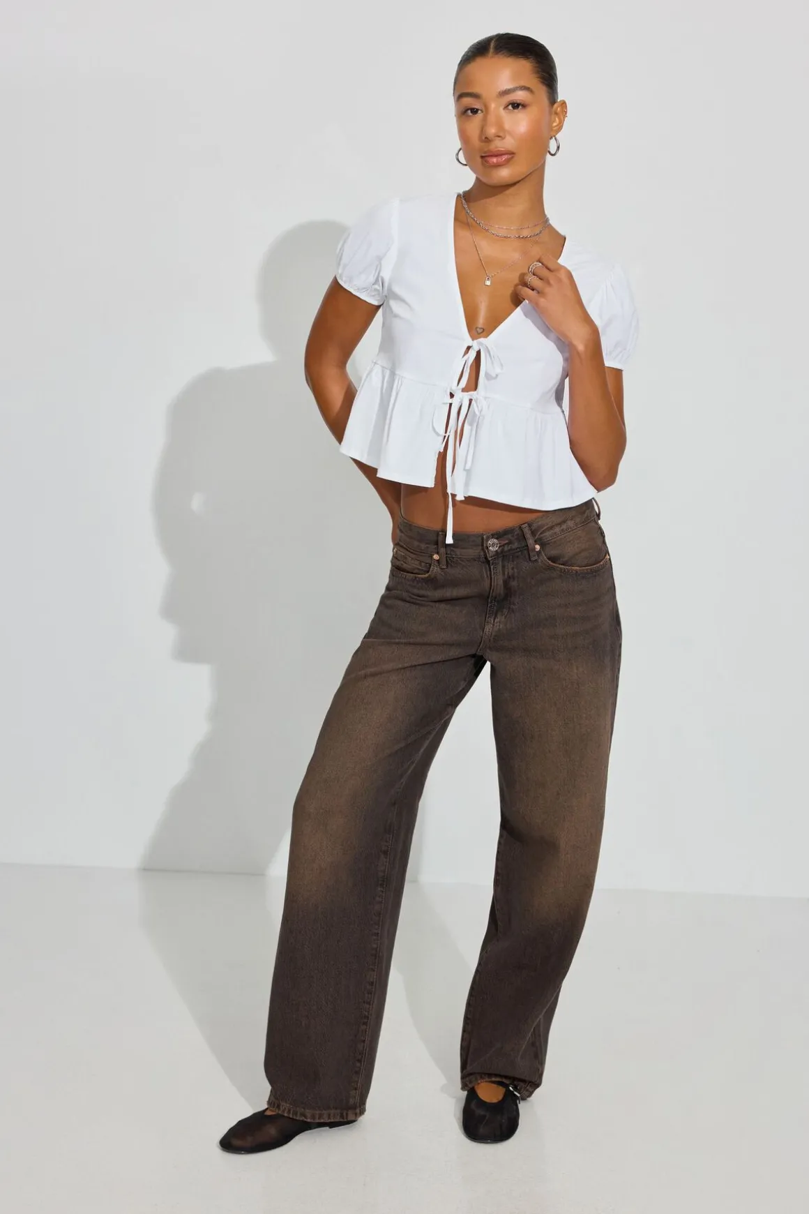 Cheap Tie Front Puff Sleeve Top Short Sleeve Tops