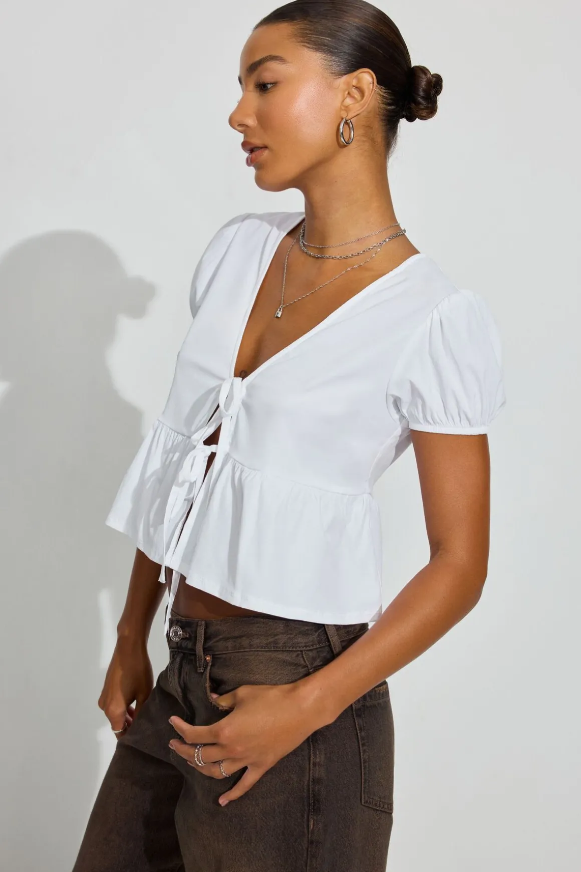 Cheap Tie Front Puff Sleeve Top Short Sleeve Tops