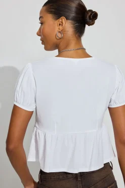 Cheap Tie Front Puff Sleeve Top Short Sleeve Tops