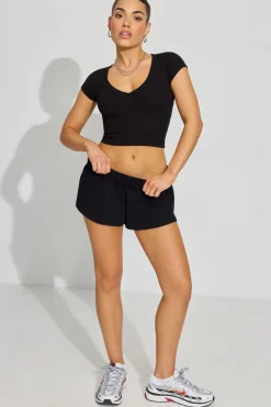 Cheap V Neck Ribbed Tee Short Sleeve Tops