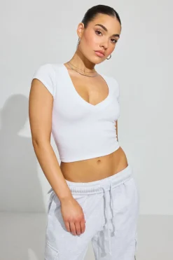 Fashion V Neck Ribbed Tee Short Sleeve Tops