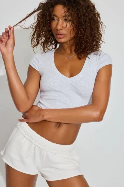 Flash Sale V Neck Ribbed Tee Short Sleeve Tops