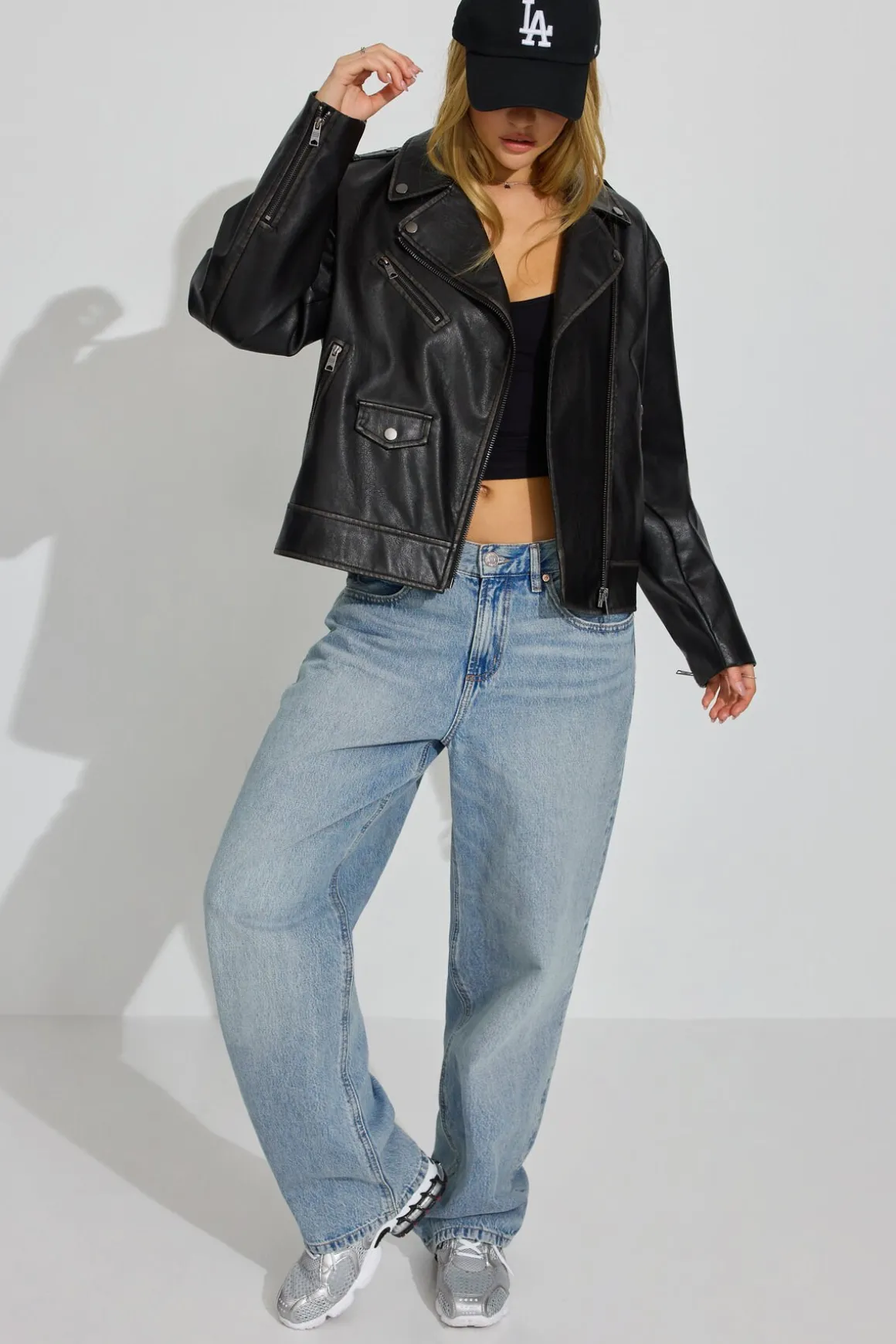 Fashion Washed Faux Leather Biker Jacket Faux Leather Jackets|Lightweight Jackets