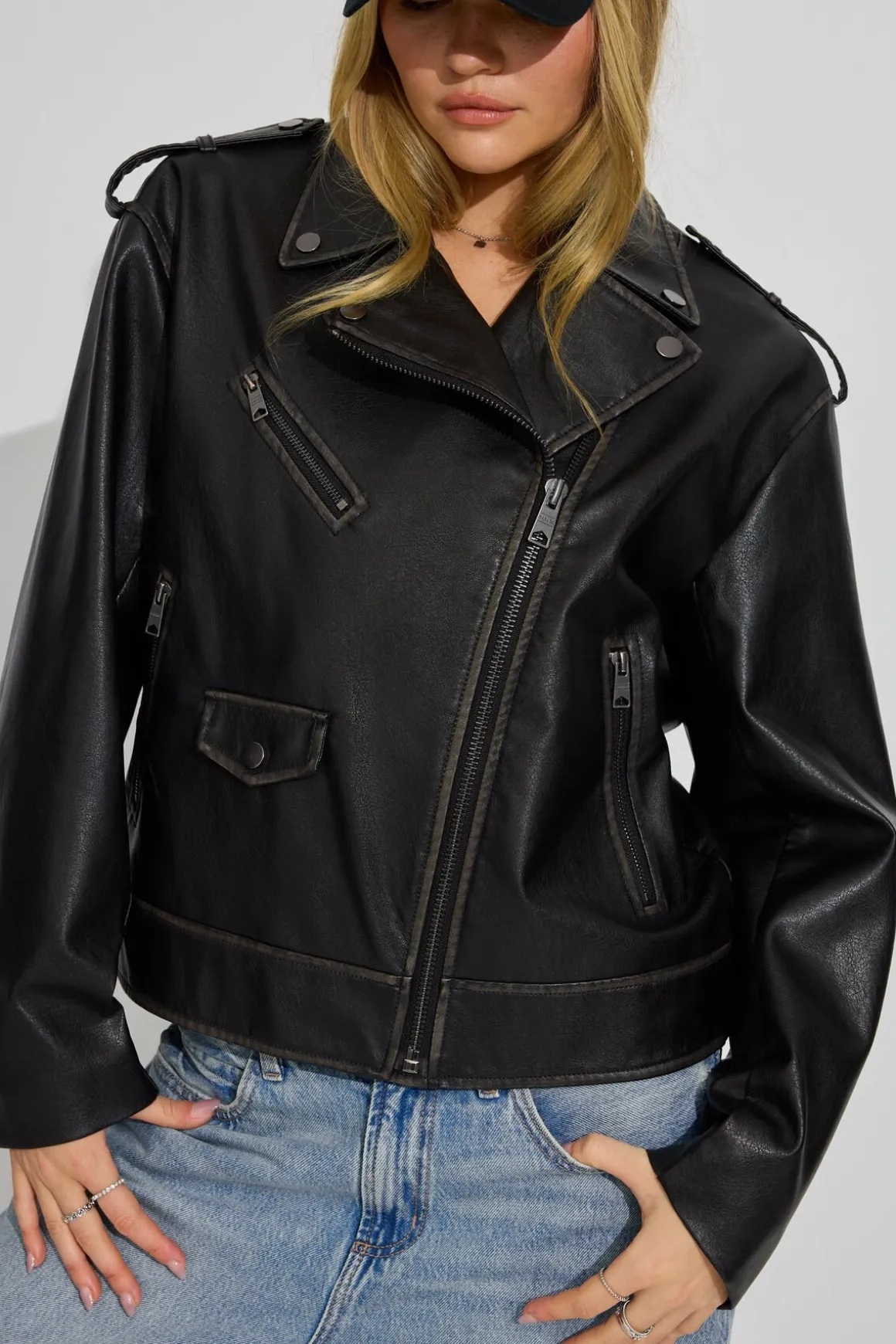 Fashion Washed Faux Leather Biker Jacket Faux Leather Jackets|Lightweight Jackets